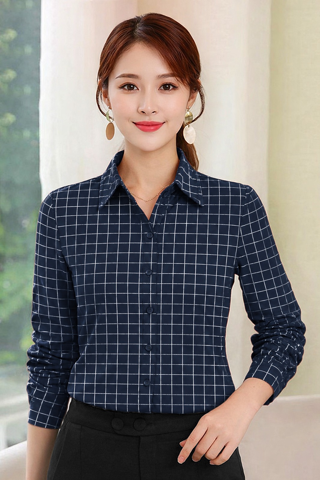WOMEN'S NEVY BLUE CHECKS FORMAL SHIRT