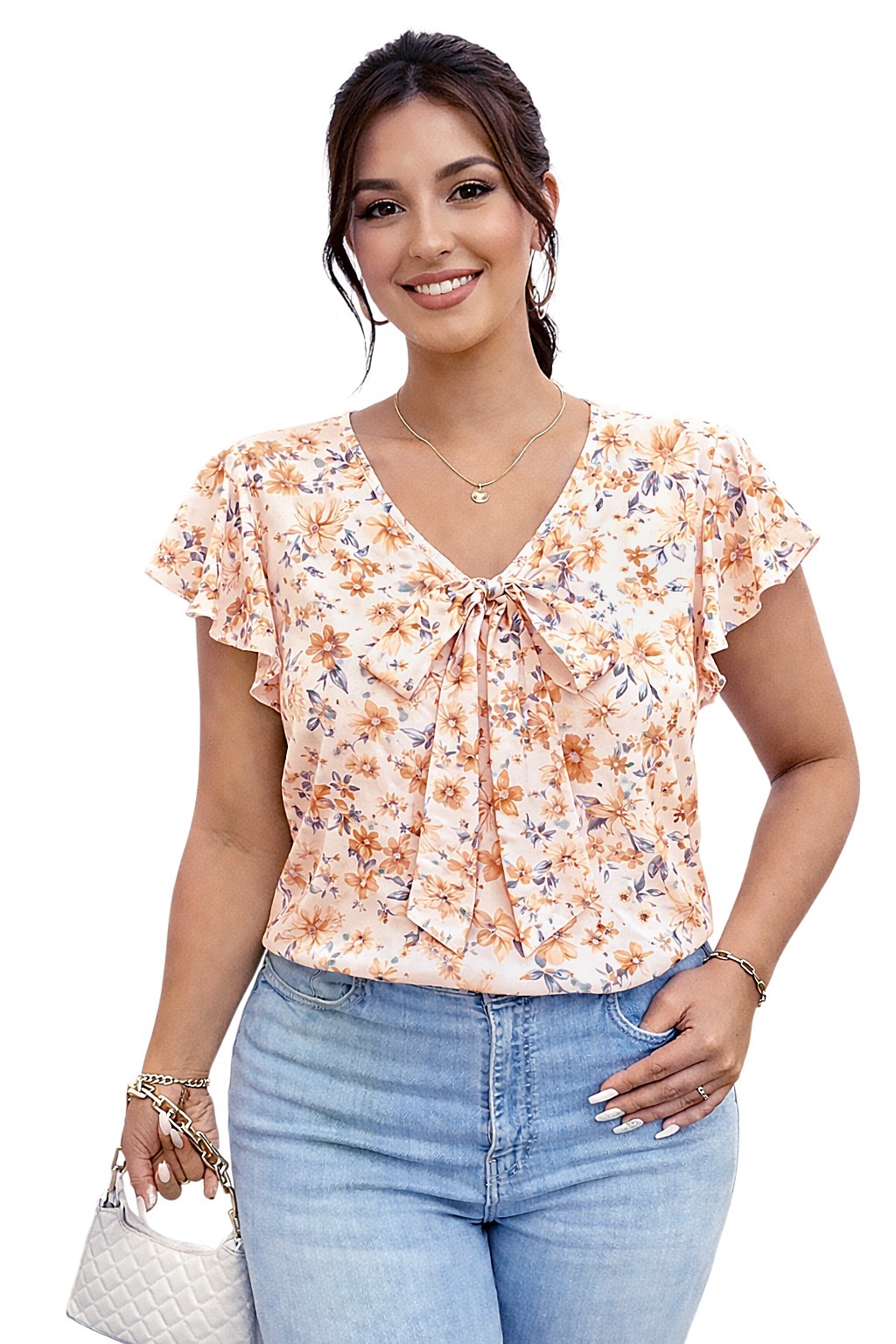 WOMEN'S V-NECK CREAM FLORAL TOP
