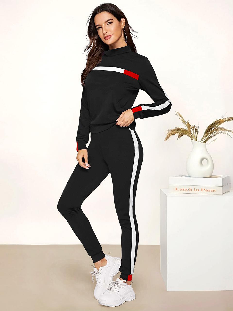 WOMEN`S HIGH NECK FULL SLEEVE BLACK TRACK SET